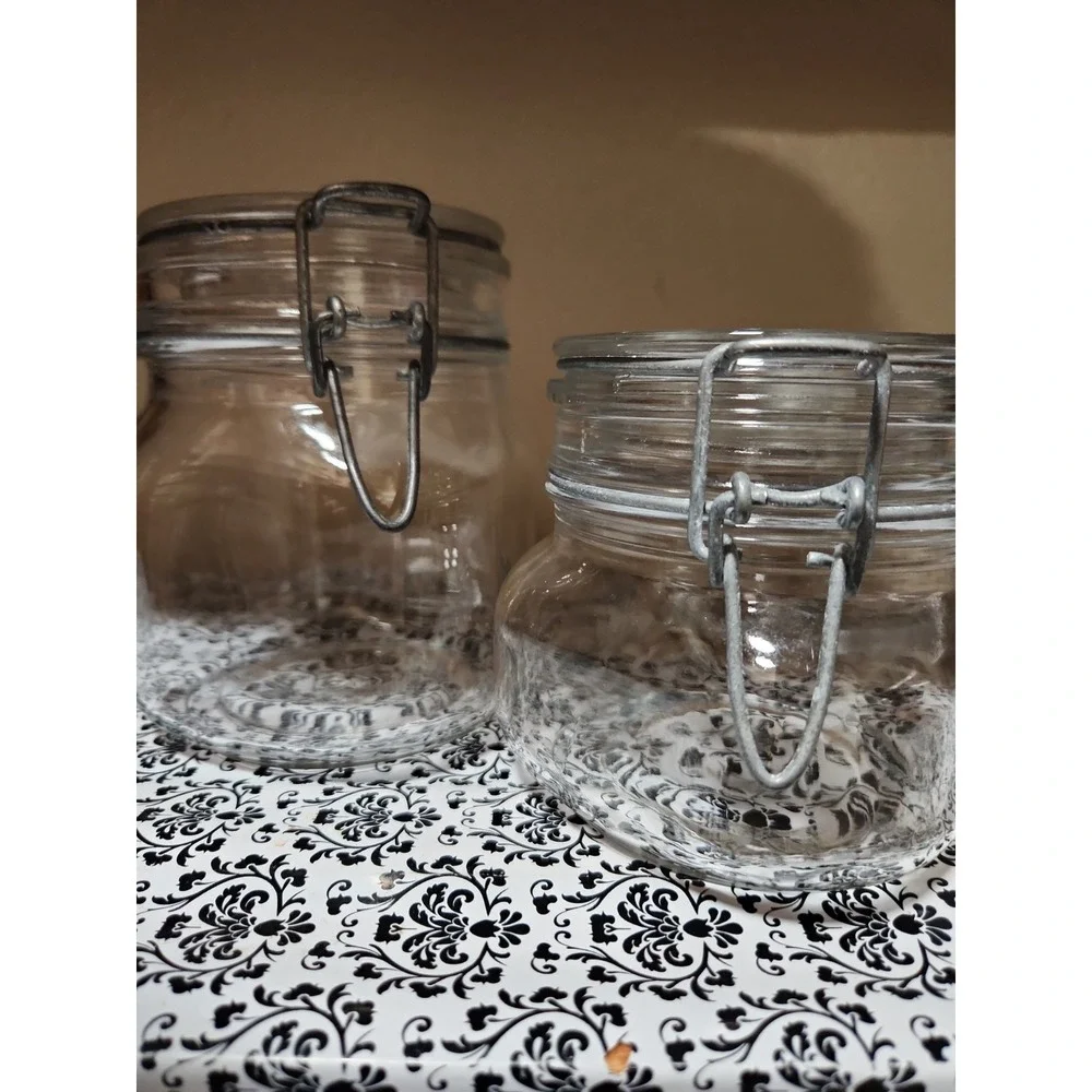 Set of 2 Clear Glass Hermetic Storage Jars with Wire Bail Flip Top‎ Lids